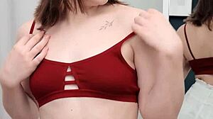 Playful cutie Lesya Milk undresses, revealing shaved pussy for fingering masturbation.