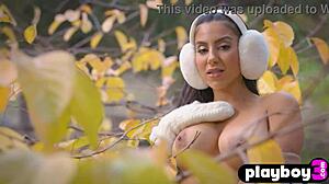 attractive big tits babe does sexy striptease, exposing amazing body outdoors