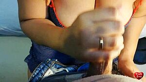 Best red lips blowjob ever close up with cum on big tits 😍 amateurs