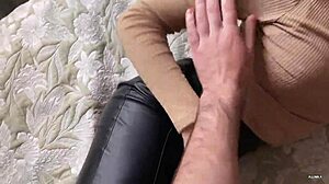 Sexy blonde in leggings takes cock deep in tight pussy.