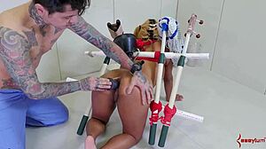 Bound Teen 18+ Sub Rims And Takes Anal Deepthroat In BDSM Threesome.