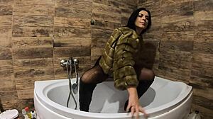 milfycalla teases with pee play in fur coat and pantyhose