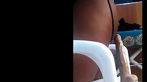 Ebony babysitter in miniskirt rides dildo, moaning loudly