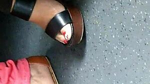 Mature Feet Candid In Wedges Sandals