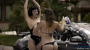 Playboy Babes in Hot Bikinis Washing a Mercedes AMG GT Outdoors