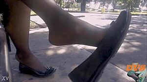 Want to see candid shoeplay with nylon stockings and flats?