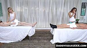 Sarah Lace and I give dudes a relaxing massage on toned bodies, then enjoy some fun.