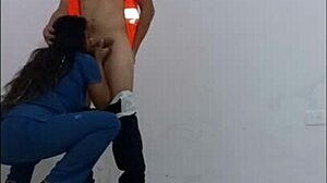 cleaning employee seduced by hospital nurse, puts on condom to fuck her like a slut standing in office hallways