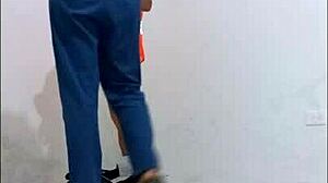 cleaning employee seduced by hospital nurse, puts on condom to fuck her like a slut standing in office hallways