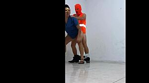 cleaning employee seduced by hospital nurse, puts on condom to fuck her like a slut standing in office hallways