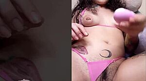 Pink toy in ass, vibrator in pussy, tight latina tattooed curly solo fun 😈