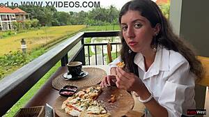 Eating pizza with cum on my face in a public cafe