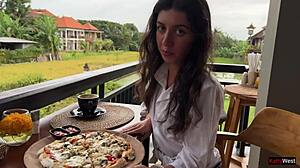 Eating pizza with cum on my face in a public cafe