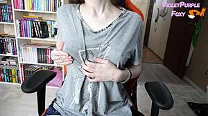 SKINNY TEEN 18+ IN SHORTS GIVES HANDJOB AND MASTURBATES NIPPLES TO SHAKING ORGASM