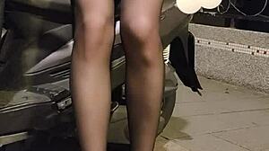 Shemale ting xuan, office lady, masturbates outdoors in stockings and heels