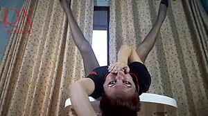 Curvy Lady Strips in Pantyhose and Heels at Table