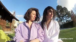 Hairy amateur babes play in steamy shower