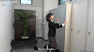 Japanese office lady dominates with face sitting and foot play at work.