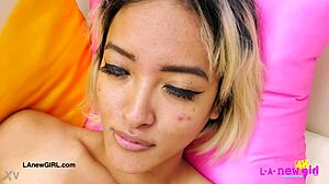 Gorgeous Asian Model Feels Horny During Sofa Massage with Brunette Teen