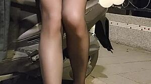 Shemale ting xuan, office lady, masturbates outdoors in stockings and heels