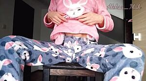 Horny Teen Stepdaughter in Pajamas Teases with Small Boobs and Pussy Play