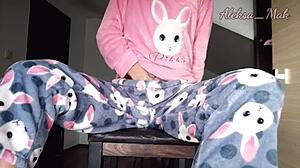 Horny Teen Stepdaughter in Pajamas Teases with Small Boobs and Pussy Play