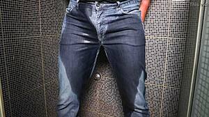 Guy pees in wet jeans and cums publicly