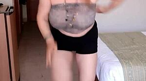 Mariaold milf bounces huge tits wildly while playing with her shaved pussy!