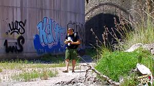 Cave girl covered in cum by horny camper outdoors.