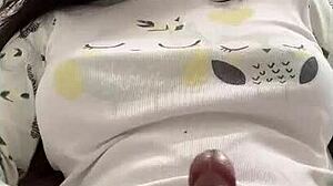 shemale puts hair clamp on cock while masturbating