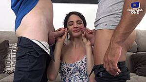 Young European Babe Fucked In Ass By Two Guys While Husband Works