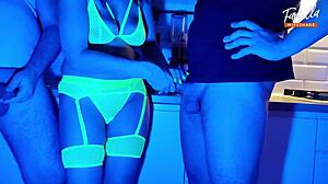 Wife Sucks Two Cocks In Neon Light Threesome