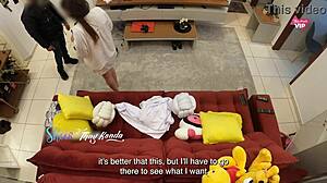 Hot wife Thay Ksada fucks delivery boy on sofa, cuckold style