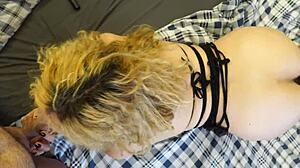 blonde milf in black stockings and high heels gets fucked hard