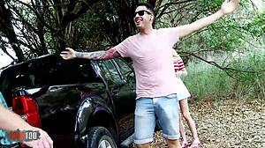 outdoor threesome features busty british pornstar chessie kay in deepthroat action