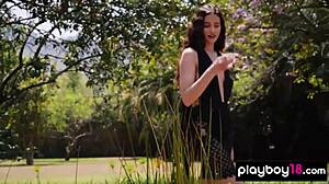 Awesome big boobed latina babe megan blake strips in serene garden