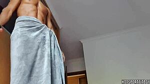 Latino bodybuilder feels intense pleasure fucking fleshlight at window, cumming inside