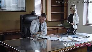 the bored milf says, 'use me freely in this office threesome group fuck'