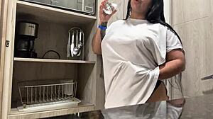 Juicy masturbation in the hotel kitchen with big natural tits!