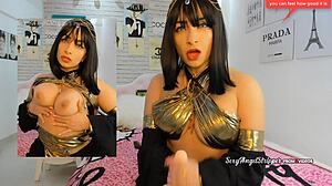 Cleopatra in cosplay gives joi with blowjob and big tits teasing, try not to cum