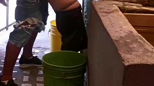 Cousin fucks my ass roughly, leaving creampie while I wash clothes, feeling intense pleasure