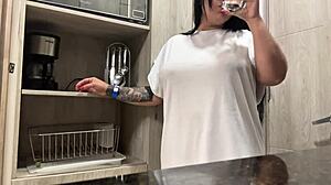 Juicy masturbation in the hotel kitchen with big natural tits!