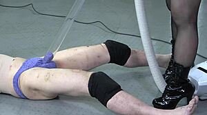 japanese femdom mistress makes cleaning lady lick boots and vacuum balls in prison setting