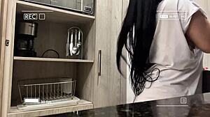 Juicy masturbation in the hotel kitchen with big natural tits!