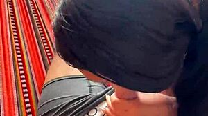 horny colombian housewife pulls boyfriend's penis on the street and sucks it