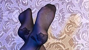sexy goddess in BLACK PANTYHOSE teases with FEET