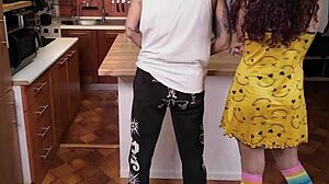 Maid Masturbates While Daddy Fucks In Kitchen