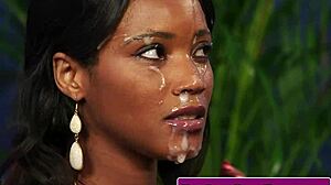 British ebony milf gets facial after sucking, cum on her face