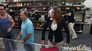 Beautiful amateur has rough sex and blowjob in the shop during a contest