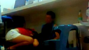 While working, boss's son licks and fucks latina girlfriend in homemade scene with spitting and swallowing